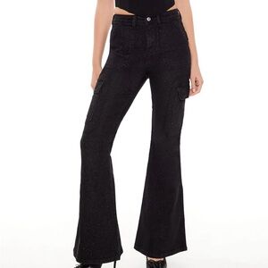 Black sparkly Flared Cargo Pants
